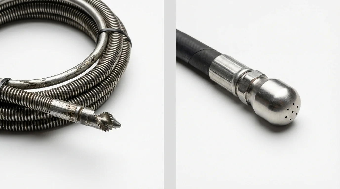 Drain snake cable and hydro jetting nozzle used for drain cleaning in Bridgeport, CA