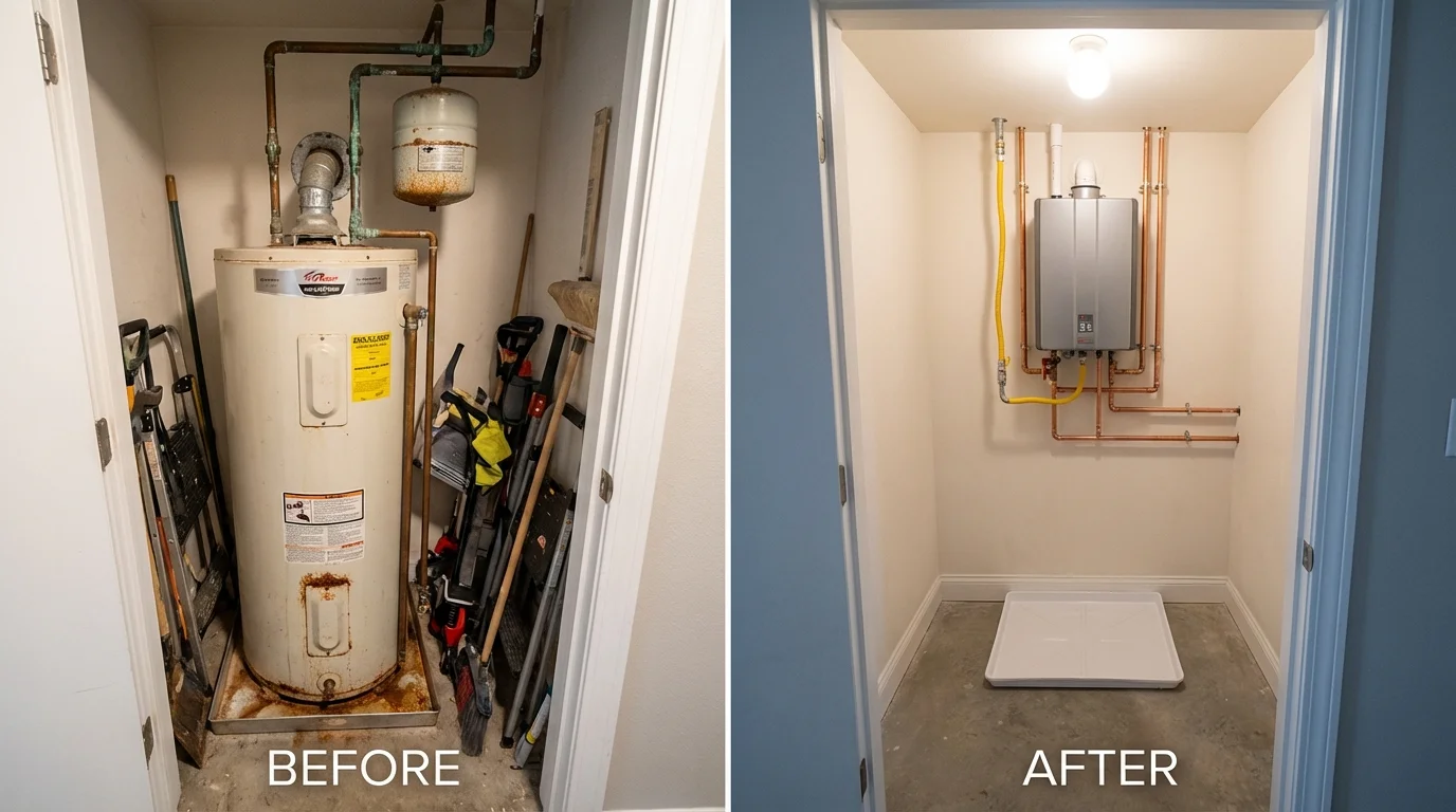 Tank water heater versus wall-mounted tankless unit comparison for Bridgeport, CA homeowners