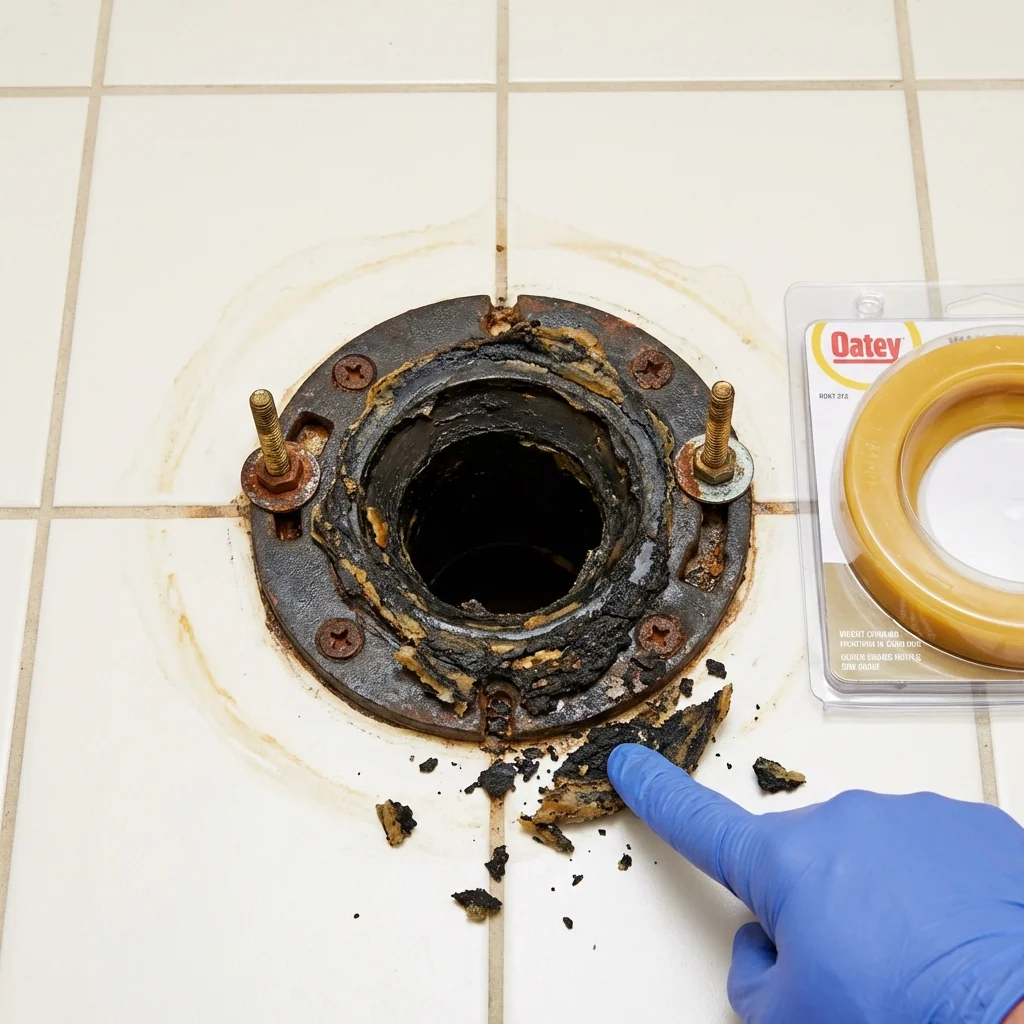 Failed wax ring showing water seepage at the base of a toilet in a Bridgeport, CA home