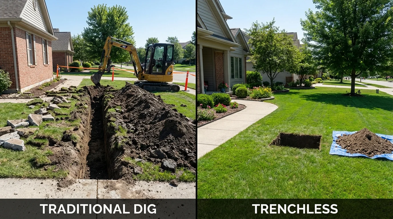 Trenchless sewer repair with minimal yard damage versus traditional excavation in Bridgeport, CA