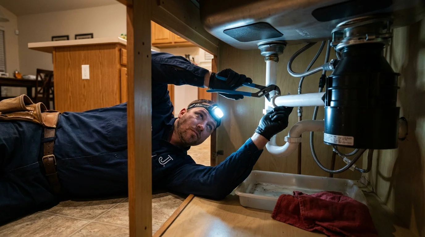P-trap and supply line connections under a kitchen sink showing a common leak point in Bridgeport, CA